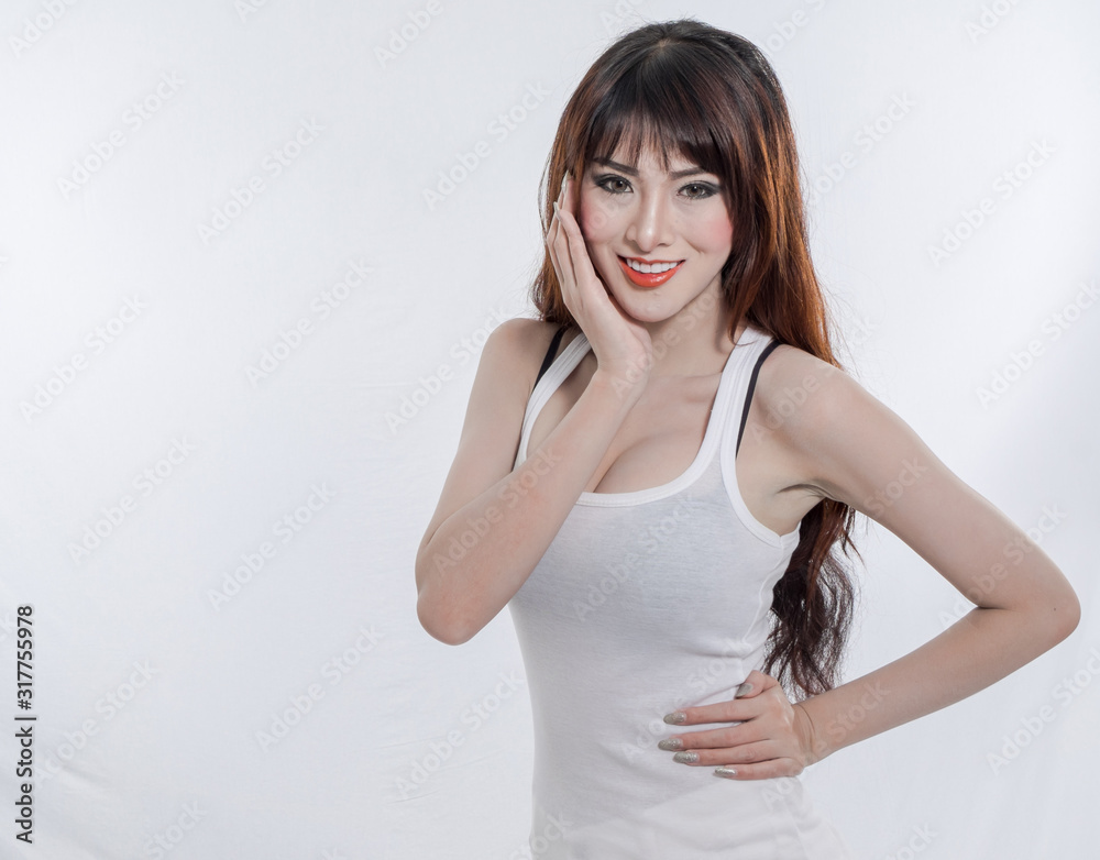 Asian woman show her body and smile