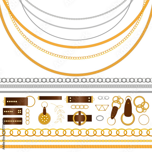  Graphic luxury metal vector collection with golden and silver objects for your design, ornament and texture. Big set of the belt, chain and braid elements in realistic style on white background.