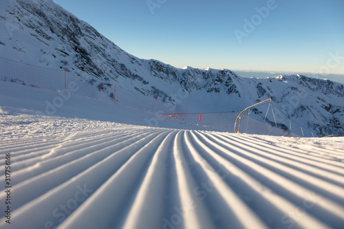Corduroy texture snow at winter ski resort, Solden, Austria, Europe top of the ski slopes are prepared trail snowcat