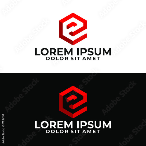 Initial letter e logo template with 3d cube hexagonal symbol in flat design monogram illustration