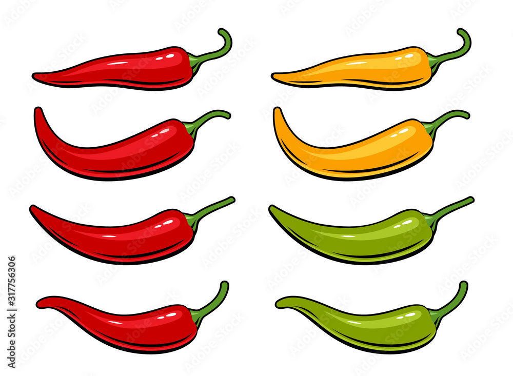 Hot chili peppers set isolated on white background. Vector illustration of red, yellow and green peppers. - obrazy, fototapety, plakaty 