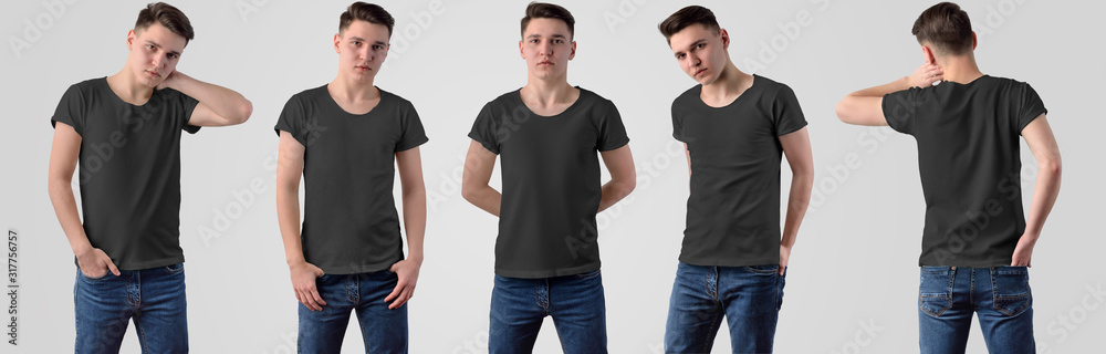 Set of 5 black t-shirts on a young guy isolated on a white background for design presentation. Set of 5 black t-shirts on a young guy isolated on a white background for design presentation.