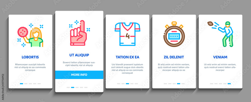 Rugby Sport Game Tool Onboarding Mobile App Page Screen Vector. Rugby Ball And Gates, Athlete Protection Equipment And Glove, Helmet And Stopwatch Concept Linear Pictograms. Color Contour Rugby Sport Game Tool Onboarding Mobile App Page Screen Vector. Rugby Ball And Gates, Athlete Protection Equipment And Glove, Helmet And Stopwatch Concept Linear Pictograms. Color Contour
