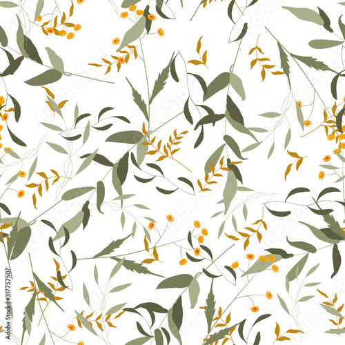 Autumn garden, foliage falls endless concept. Sketched golden and yellow plants or herbs collection on white background. Romantic orange leave hand drawn seamless pattern, doodle texture.