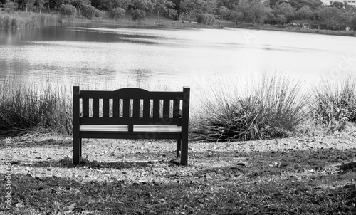 Bench chair isolated in a park with green nature and river. In black and white color