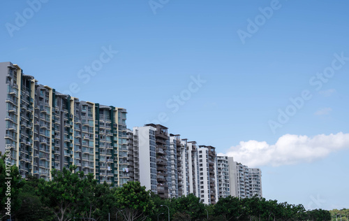 residential condominiums near a lake or river with green park ad trees