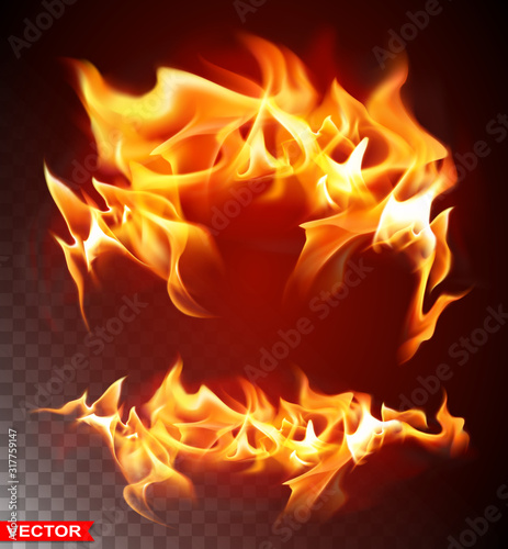 Realistic burning double fire flame with shiny bright elements. Isolated on black background. Power, fuel and energy symbol. Layered vector.