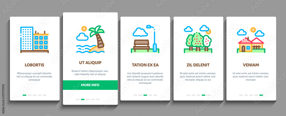 Landscape Travel Place Onboarding Mobile App Page Screen Vector. City And Seaside, Island And Mountain, Bridge And Park Landscape Concept Linear Pictograms. Color Contour Illustrations