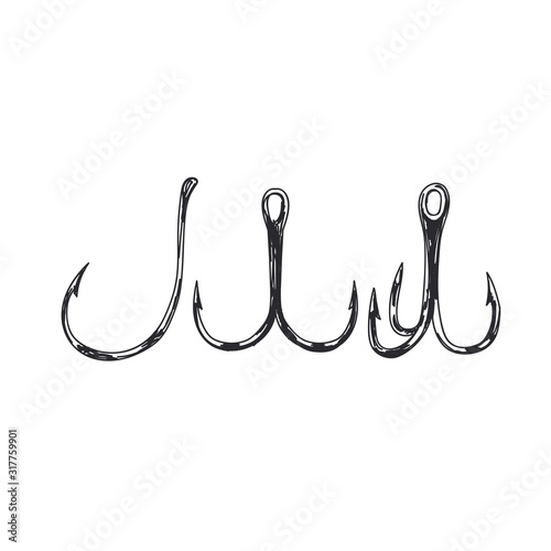Fishing hooks hand drawn black and white vector illustration