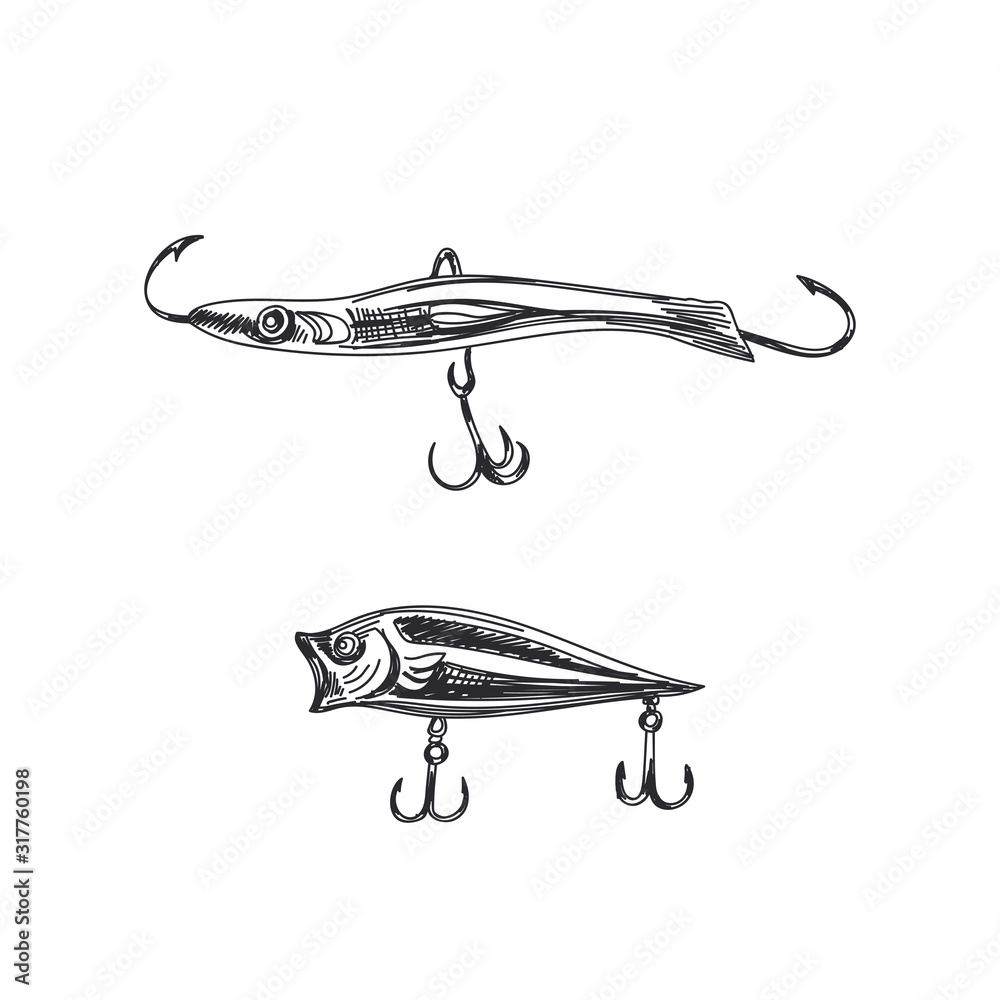 Fishing lures hand drawn black and white vector illustration Stock Vector