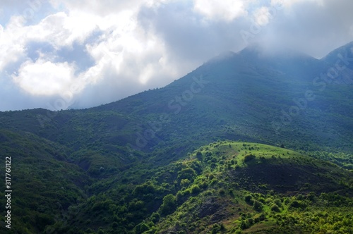 Mountain ranges covered with forest and bushes © YouraPechkin