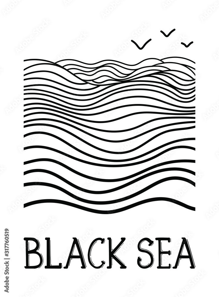 Vector abstract water waves black lines line art drawing with text Black SEA and flying seagull birds isolated on white background.Print for t shirt.Ocean.Wallpaper design.Sticker decoration element.