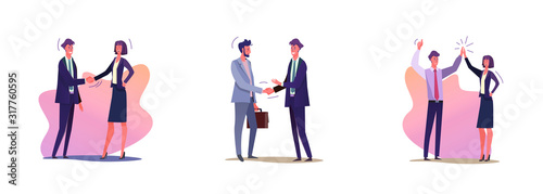 Set of business people closing deal. Flat vector illustrations of men and women in suits greeting each other. Business deals and partnership concept for banner, website design or landing web page