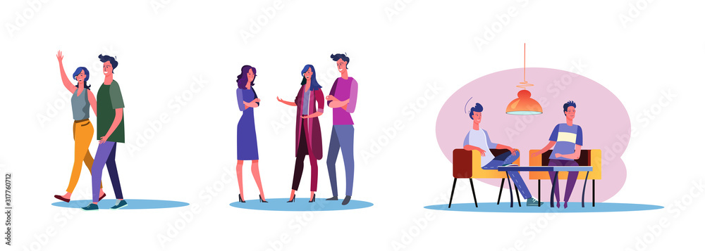 Set of casual people having warm friendship. Flat vector illustrations of men and women being close to each other. Friendship and relationship concept for banner, website design or landing web page