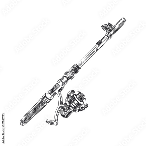 Fishing rod hand drawn black and white vector illustration