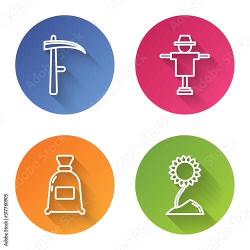 Set line Scythe, Scarecrow, Bag of flour and Sunflower. Color circle button. Vector