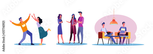 Set of casual people enjoying each other company. Flat vector illustrations of men and women spending time together. Friendship and relationship concept for banner, website design or landing web page