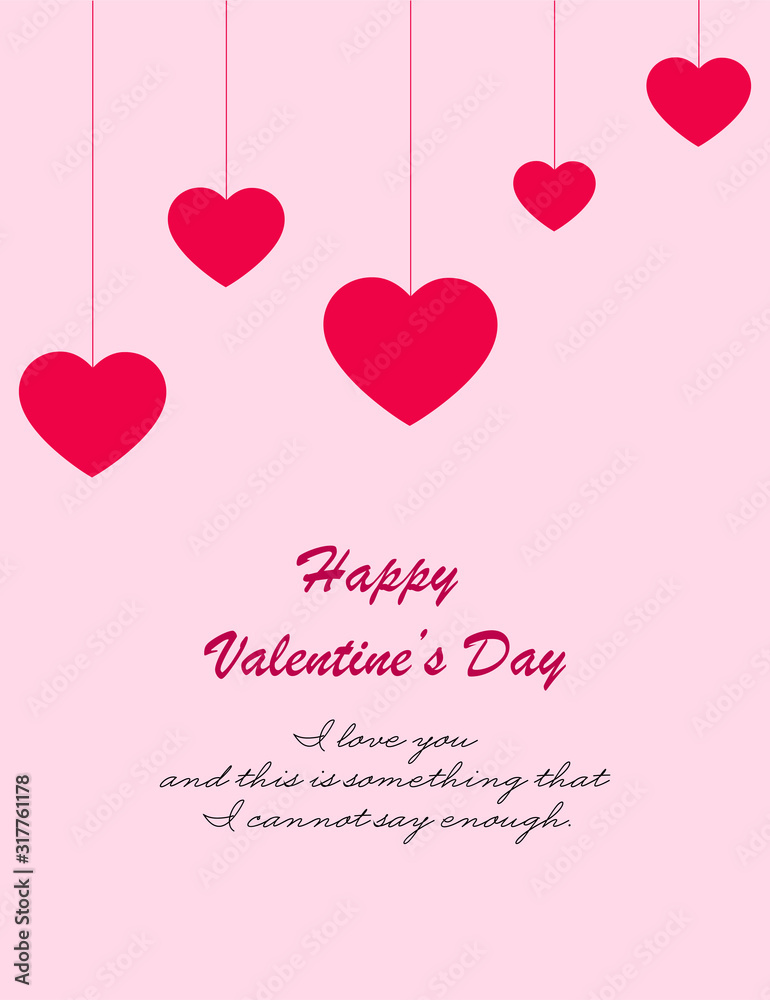 Happy Valentine's Day greeting card, banner, poster, flyer with hanging pink  hearts on isolated background