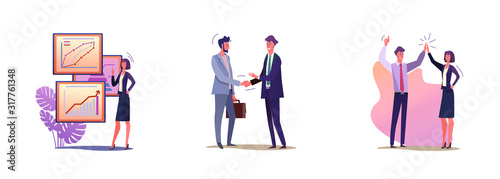 Set of business people greeting each other. Flat vector illustrations of men and women in suits having meetings. Business and public speaking concept for banner, website design or landing web page
