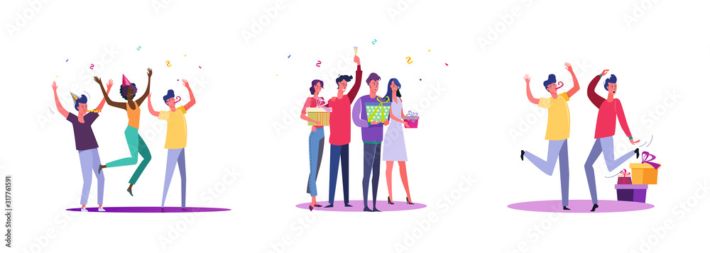 Set of casual people having party. Flat vector illustrations of men and women being happy at event. Celebration and festivity concept for banner, website design or landing web page Set of casual people having party. Flat vector illustrations of men and women being happy at event. Celebration and festivity concept for banner, website design or landing web page