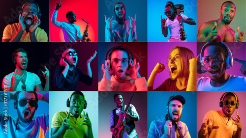 Portrait of multiethnic group on multicolored background in neon light. Flyer, collage made of 10 models. Concept of emotions, facial expression, sales, advertising. Celebrating, pointing, smiling.