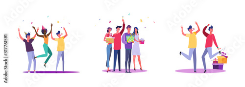 Set of casual people having party. Flat vector illustrations of men and women being happy at event. Celebration and festivity concept for banner, website design or landing web page