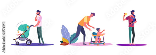 Set of casual men hanging out with their children. Flat vector illustrations of young men experiencing being dads. Fatherhood and parenting concept for banner, website design or landing web page