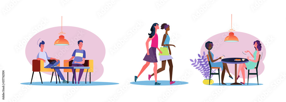 Set of casual men and women hanging out. Flat vector illustrations of people enjoying each others company. Friendship and relationship concept for banner, website design, landing web page Set of casual men and women hanging out. Flat vector illustrations of people enjoying each others company. Friendship and relationship concept for banner, website design, landing web page