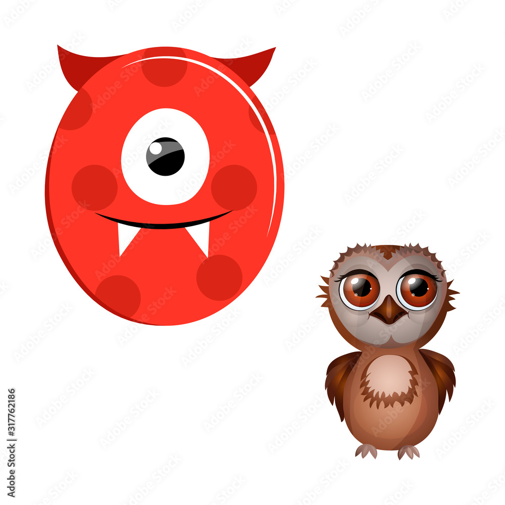 Vector Cute Childish Cartoon English Alphabet. Letter O With Owl. The Letter Like Little Monster. Flat style. Vector illustration
