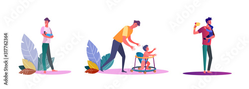 Set of young men spending time with their children. Flat vector illustrations of casual men experiencing being parents. Fatherhood and parenting concept for banner, website design or landing web page