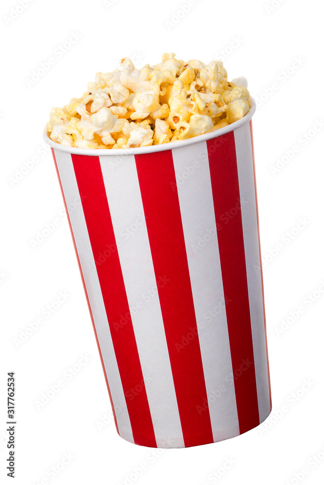 Paper striped bucket with popcorn isolated on white background