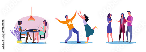 Set of casual men and women being friendly to each other. Flat vector illustrations of young people being friends. Friendship and relationship concept for banner, website design, landing web page