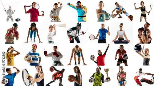 Portrait of multiethnic group of sportsman on white background. Flyer, collage made of 29 models. Concept of human emotions, facial expression, sales, ad. Box, soccer, football, run, jump, rugby, MMA.