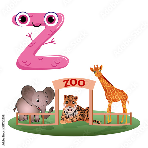 Vector Cute Childish Cartoon English Alphabet. Letter Z With Zoo. The Letter Like Little Monster. Flat style. Vector illustration