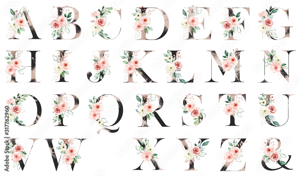 Floral alphabet, letters with watercolor flowers roses and leaf. Monogram initials perfectly for wedding invitations, greeting card, logo, poster and other. Holiday design hand painting.