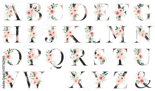 Floral alphabet, letters with watercolor flowers roses and leaf ...