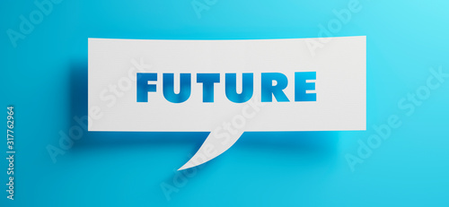 Speech bubble with the word future in front of a cyan colored wall - 3D illustration