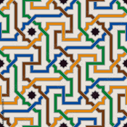 Colorful Ornate Seamless Vector Pattern of Moorish Tiled Decorations. Tileable mosaic background in Palace of Alhambra Style.