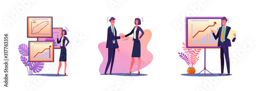 Set of business people having meeting. Flat vector illustrations of men and women in suits being at presentation. Business and public speaking concept for banner, website design or landing web page