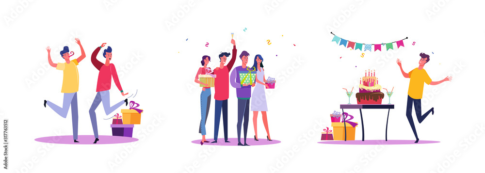 Set of casual people having birthday party. Flat vector illustrations of men and women celebrating event. Celebration and festivity concept for banner, website design or landing web page