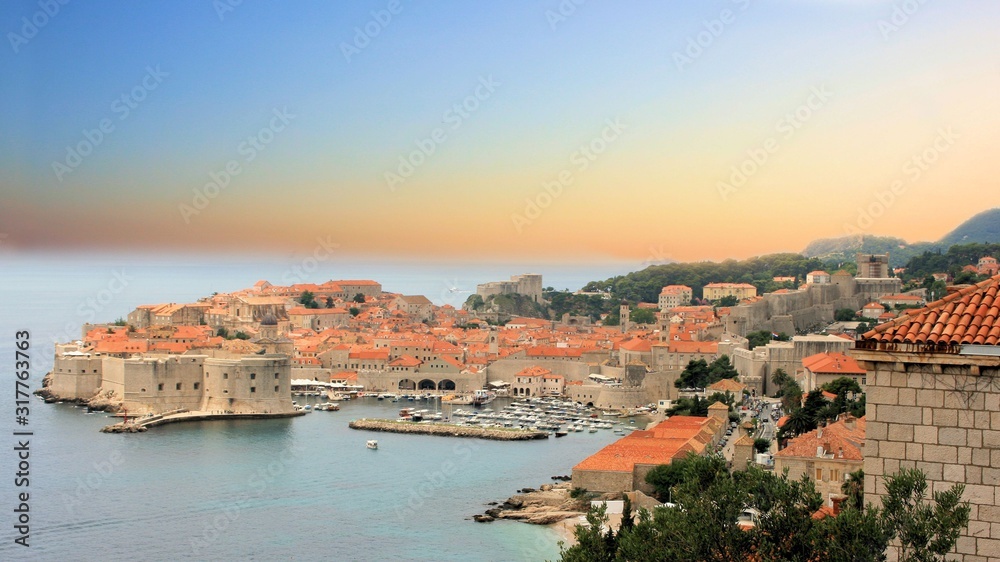 orange sundown over Dubrovnik, Croatia