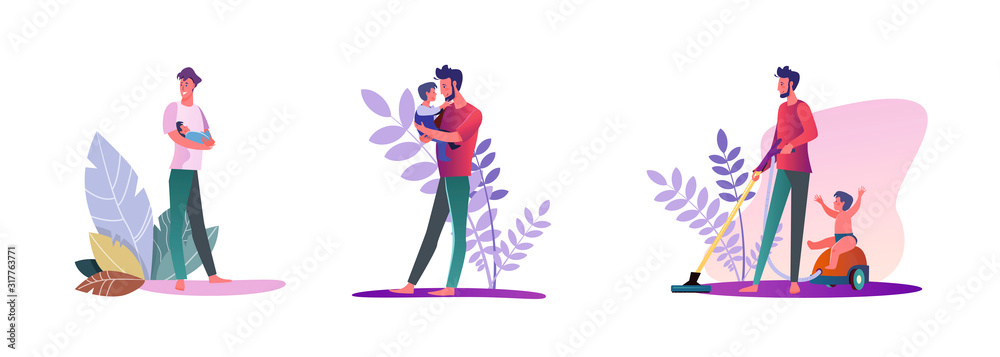 Set of young men being single fathers. Flat vector illustrations of casual men spending time with their kids. Fatherhood and parenting concept for banner, website design or landing web page