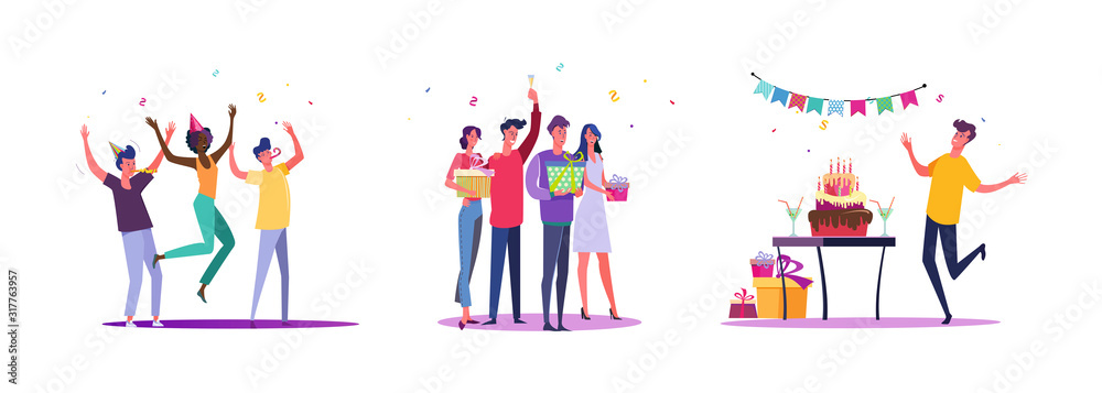 Set of casual people celebrating birthday. Flat vector illustrations of men and women having fun at event. Celebration and festivity concept for banner, website design or landing web page