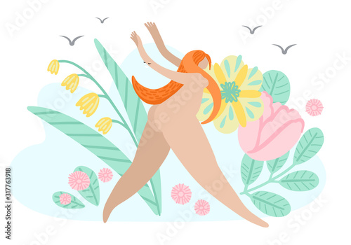 Joyful naked girl runs across the field with flowers. Summer Vector Illustration