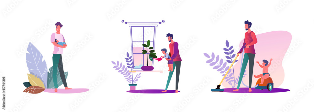 Set of young men being dads. Flat vector illustrations of casual men doing activities with their kids indoors. Fatherhood and parenting concept for banner, website design or landing web page
