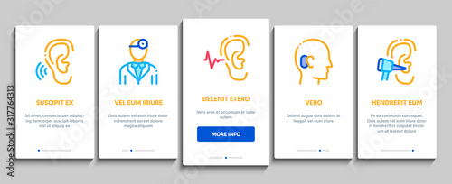 Hearing Human Sense Onboarding Mobile App Page Screen Vector. Hearing Aid Device And Earphone. Doctor And Medical Equipment For Research Concept Linear Pictograms. Color Contour Illustrations