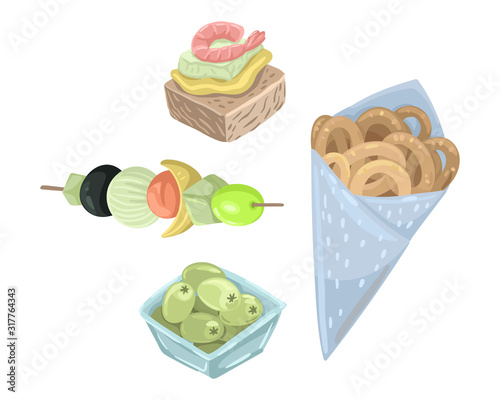 Set of Spanish snacks. Tapas Squid rings in convolution, olives and a sandwich. Vector drawing