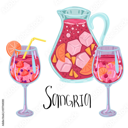 Drink sangria in the Countess and Fougeres. Wine with fruit. Vector Cartoon Illustration