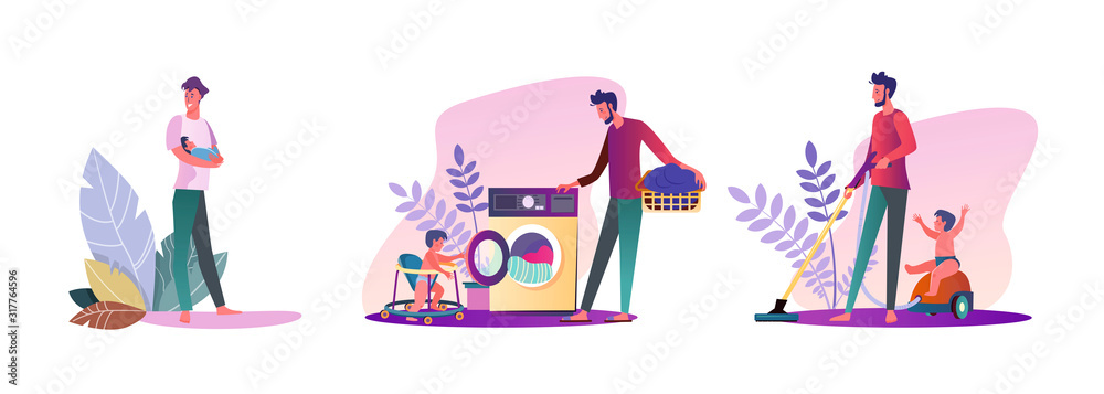 Set of young men being parents. Flat vector illustrations of casual men experiencing fatherhood. Fatherhood and parenting concept for banner, website design or landing web page