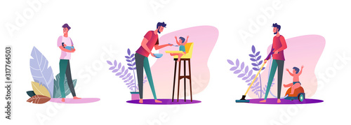 Set of young men spending time with their kids. Flat vector illustrations of casual men being dads. Fatherhood and parenting concept for banner, website design or landing web page